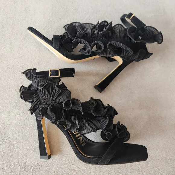 Gianni Bini | Shoes | Gianni Bini Dress Sandals 65 Black Suede Chiffon  Ruffle Franz High Heel New1 | Poshmark